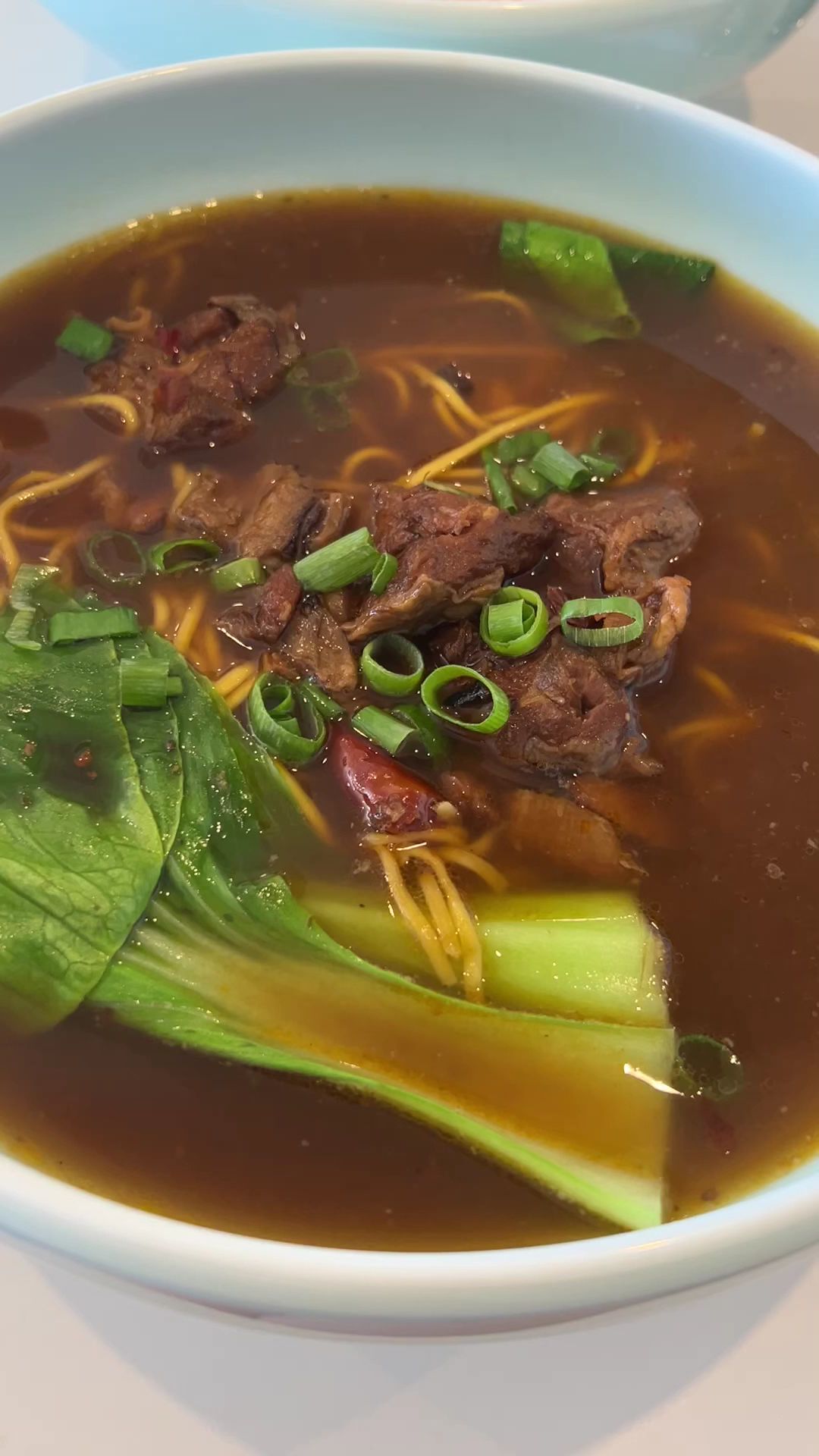 Close-up of braised beef noodle soup with dark broth, tender beef pieces and bok choy